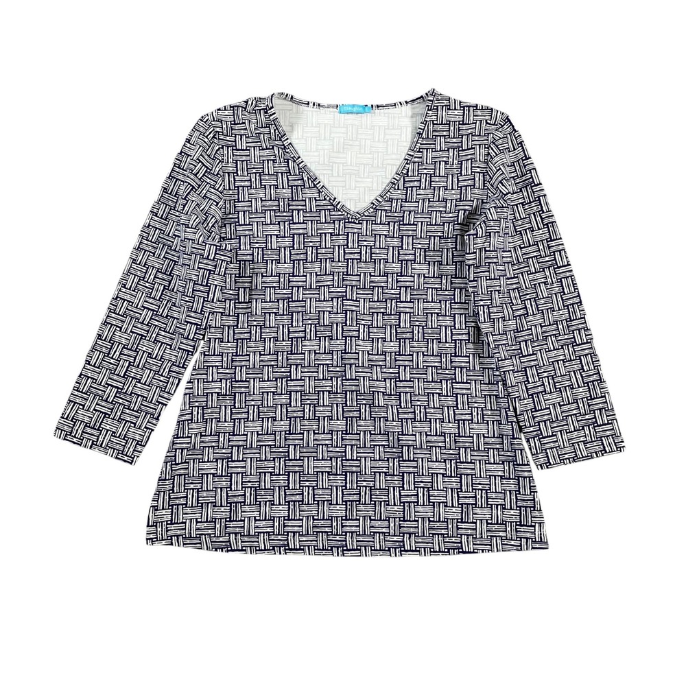 J.McLaughlin Womens Blue White Basketweave Print V-Neck 3/4 Sleeve Top Size S